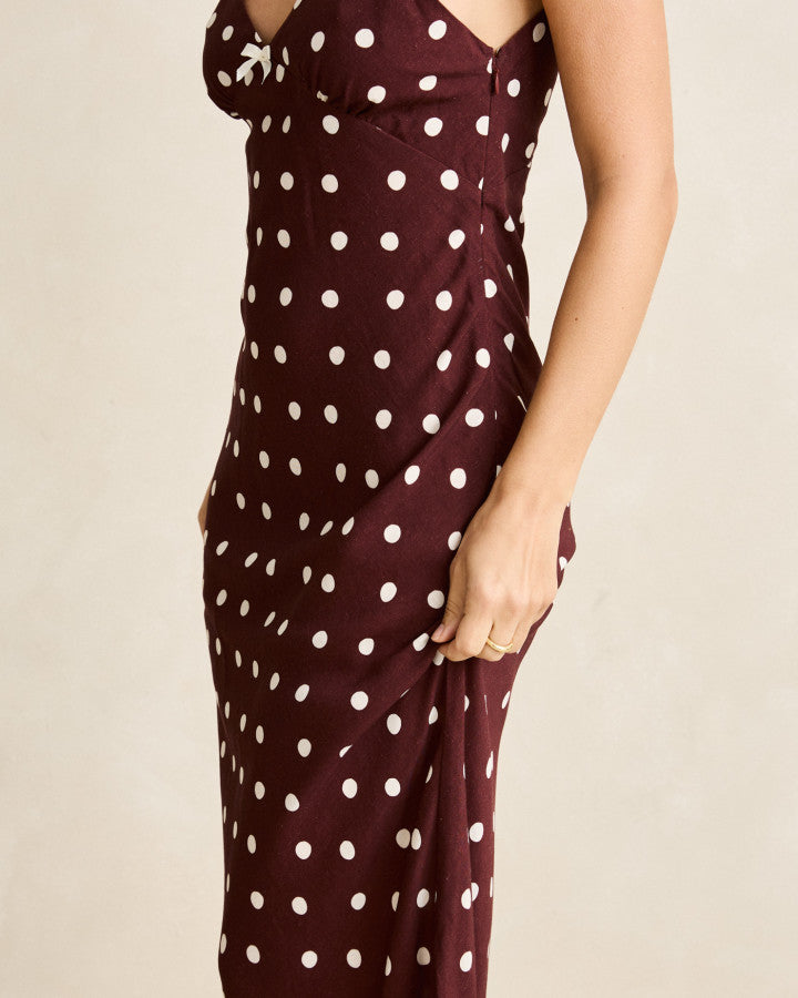 POLKA DOT BIAS MIDI DRESS café