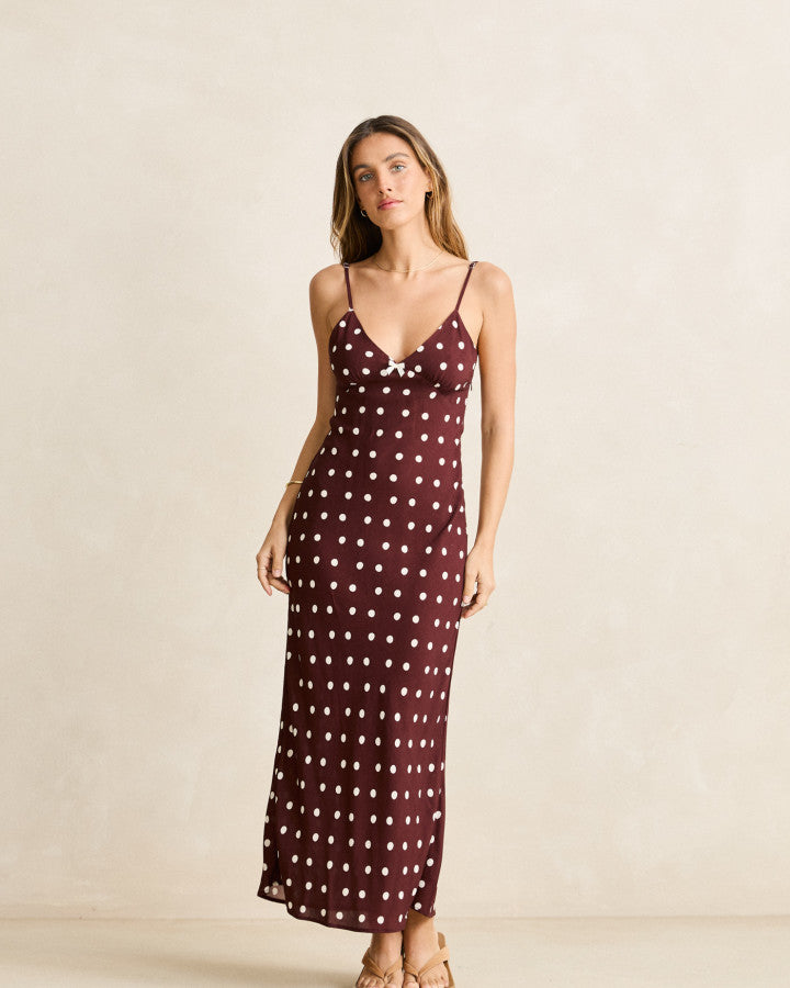 POLKA DOT BIAS MIDI DRESS café