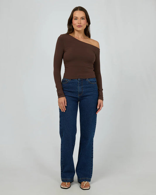 SILENT THEORY EVIE RUCHED LONG SLEEVE TOP CHOCOLATE
