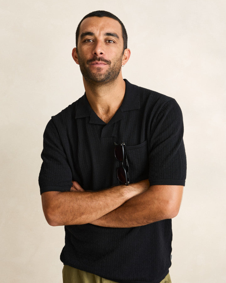 TEXTURED KNIT WHIP STITCH POLO black