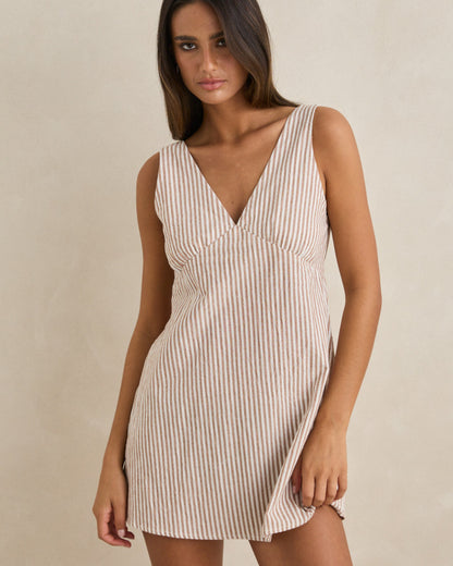 VALLEY STRIPE MINI DRESS tan